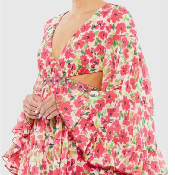 Mac Duggal Floral Cut Out Mini Dress Long Bell Sleeves Size 0 New NWT - Picture 3 of 13